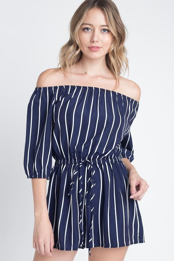 Women's Off Shoulder Stripe Romper T396-EA8345172551-NVY-S