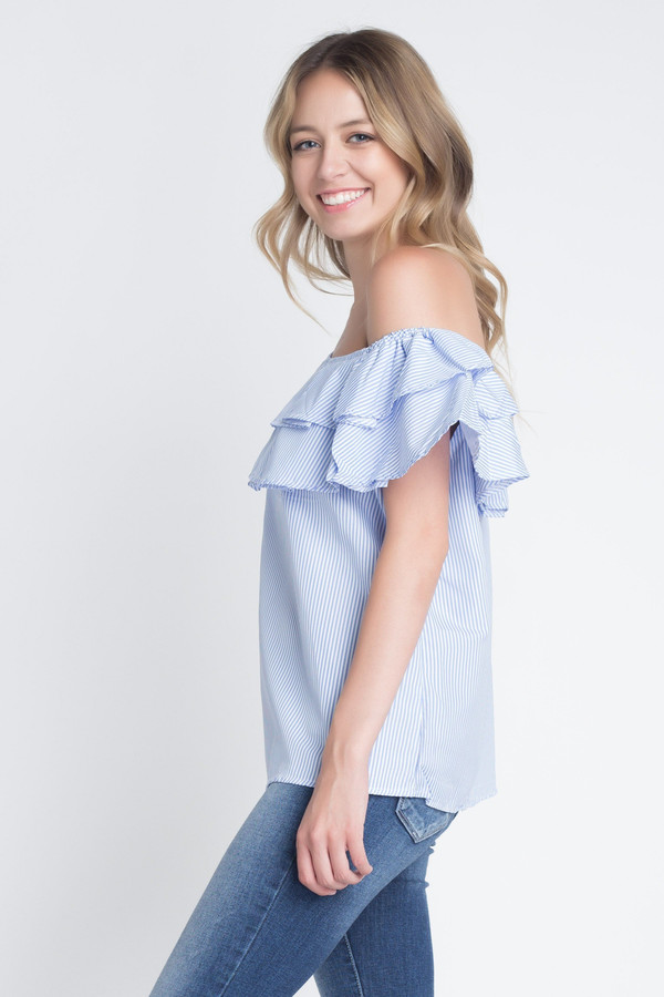 Women's Striped Off Shoulder Ruffle Stripe Blouse T396-MM31971640-WHB-S