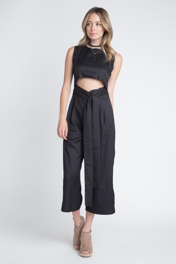 Women's Sleeveless Tie Jumpsuit with Slit T396-EA834513-GRN-SM