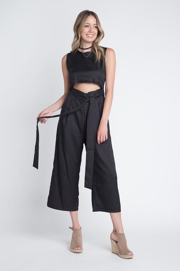 Women's Sleeveless Tie Jumpsuit with Slit T396-EA834513-GRN-SM