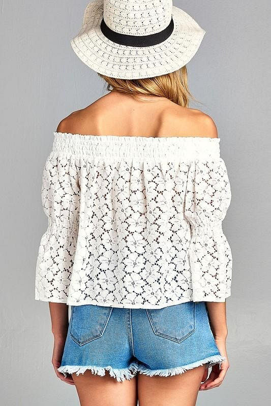 Women's 3/4 Three Quarter Long Sleeve Off Shoulder Floral Lace Top T396-MM3143-WHT-S