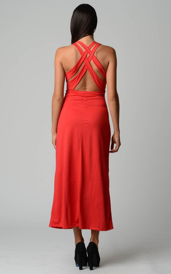 Women's Halter Maxi Dress with Cross Back Straps T396-DF226-M-COR-S