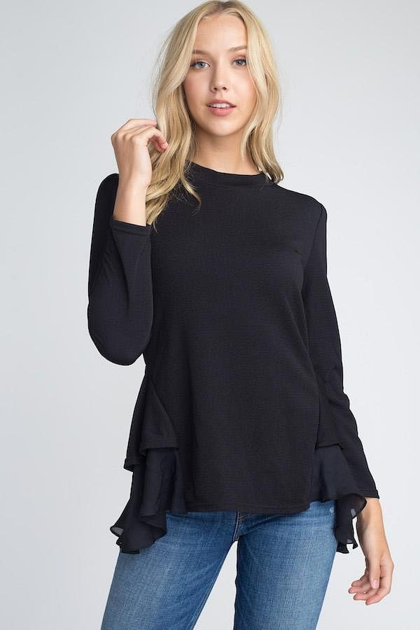 Women's Long Sleeve Ruffle Top T396-MMT8356-WHT-SM