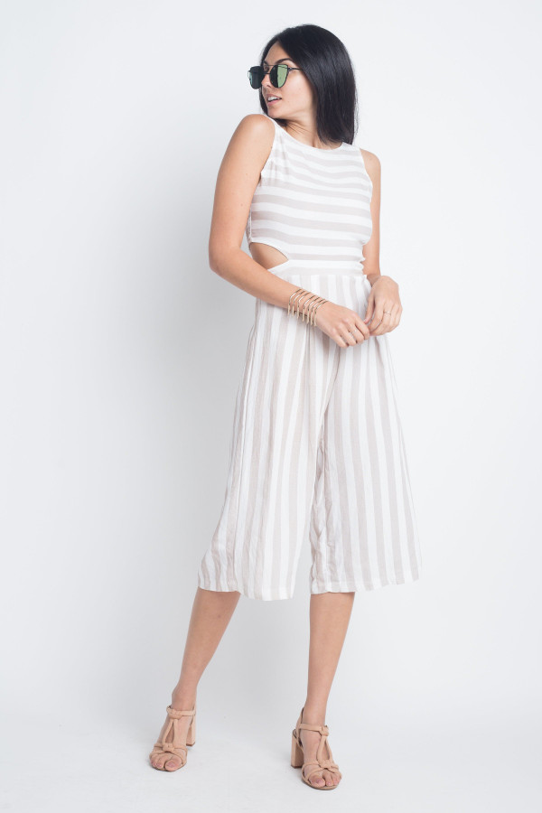 Women's Stripe Cut-Out Sleeveless Jumpsuit T396-EA834517256-WHT-S