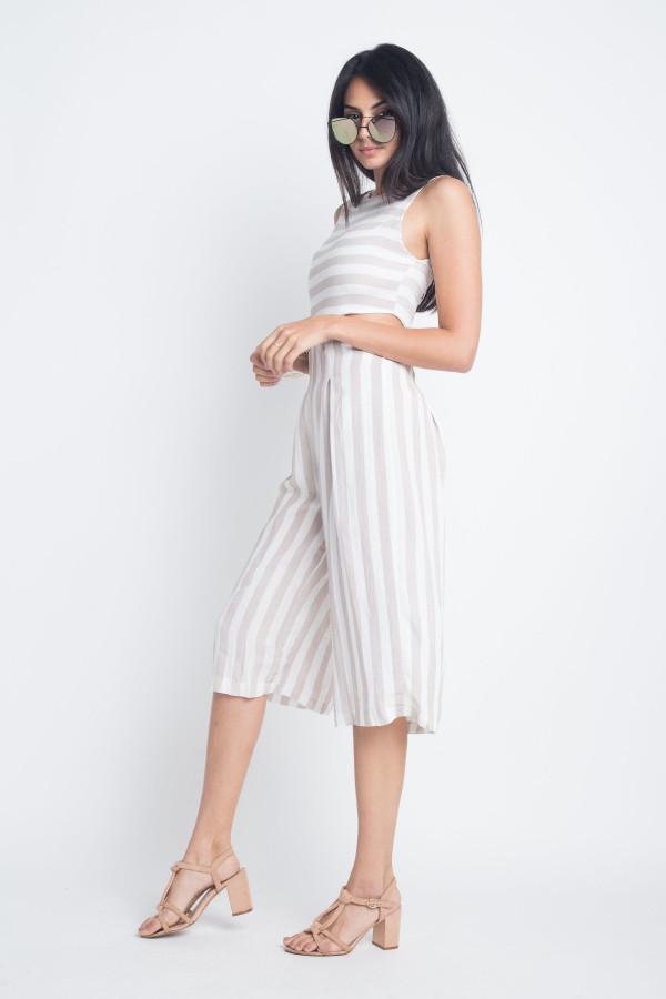 Women's Stripe Cut-Out Sleeveless Jumpsuit T396-EA834517256-WHT-S