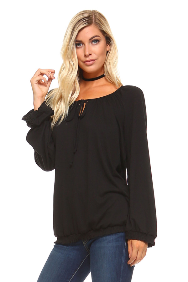 Women's Long Sleeve Solid Peasant Top T396-DF118-M-BKSC-S