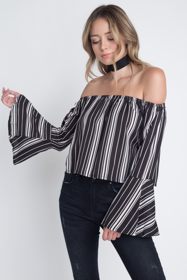 Women's Off Shoulder Casual Stripe Bell Sleeve Top T396-MM319715-BLK-S