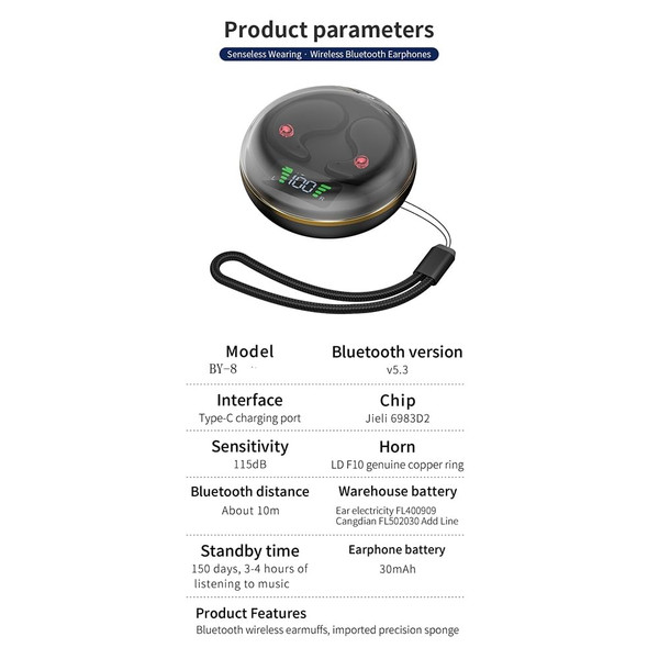 BY-8 Wireless In Ear Earbuds With Noise Canceling LED Display Charging Case Sleeping Headphones For K484-PEL_0R9RHF0R
