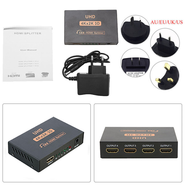Ultra HD 4K 4 Port HDMI Splitter 1x4 Repeater Amplifier 1080P 3D Hub 1 In 4 Out AU plug K484-PEL_060T3UIV