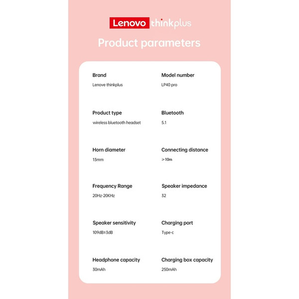 Original LENOVO Lp40pro Tws Wireless Bluetooth-compatible Earphone Semi-in-ear Headset Pink K484-PEL_0PDDCHY2