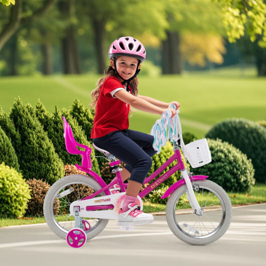 Kids Bike 16 Inch with Training Wheels and 2 Brake System for 4-7 Years Old - Color: Rose Red - Siz D681-TS10239RO-16