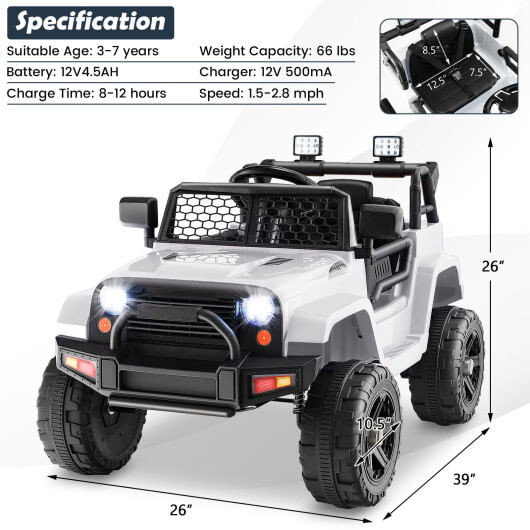 12V Kids Ride On Truck with Remote Control and Headlights-White - Color: White D681-TQ10133US-WH