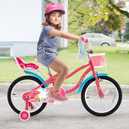 18 Inch Girls Bike for 3-5 Years Old Kids Bike with Doll Seat and Training Wheels - Color: Pink - S D681-TS10188PI-18