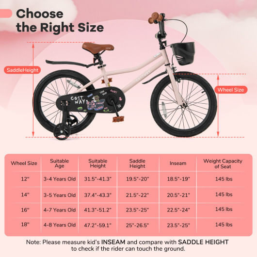 18 Inches Kids Bike with Basket and Adjustable Handlebar for 4-8 Years Old - Color: Pink - Size: 18 D681-TS10229PI-18