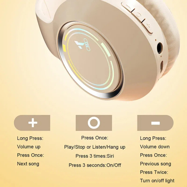 Color: Beige - M3 Light-emitting Bluetooth Headset Folding LED Card Wireless Headset TYPE-C Chargin F640-12000035647735968