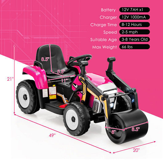 12V Kids Ride on Road Roller with 2.4G Remote Control-Pink - Color: Pink D681-TQ10104US-MH
