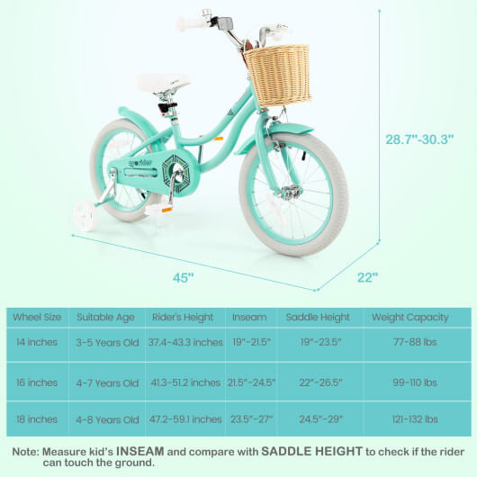 16-Inch Kids Bike with Training Wheels and Adjustable Handlebar Seat-Green - Color: Green - Size: 1 D681-TS10130GN-16
