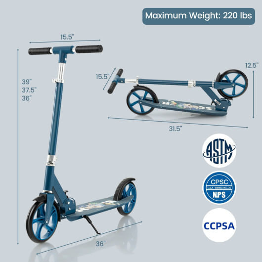 Folding Aluminum Alloy Scooter with 3 Adjustable Heights-Blue - Color: Blue D681-SP38005BL