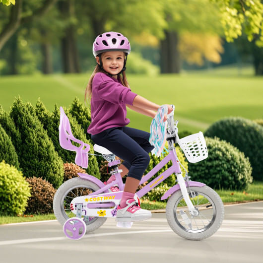 12 Inch Girls Bike Kids Bicycle with Doll Seat and Streamers for Children 3-4 Years Old - Color: Pu D681-TS10239ZS-12