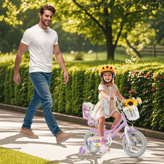 12 Inch Girls Bike Kids Bicycle with Doll Seat and Streamers for Children 3-4 Years Old - Color: Pu D681-TS10239ZS-12