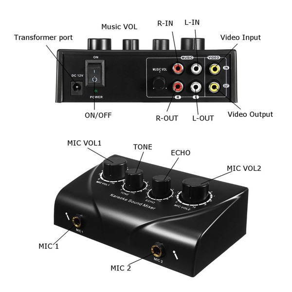 Karaoke Sound Mixer Audio System Dual Mic Input Portable Mini Digital Karaoke Machine Mixer Black K484-PEL_0GJTZQPZ