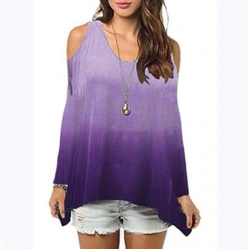 Bare Shoulder Loose Style Long Sleeves Women Top - Purple A392-fast0046