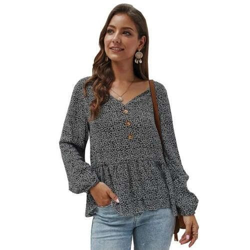 Small Flowers Pattern V-neck Long Sleeves Women Blouse - Black A392-fast0101