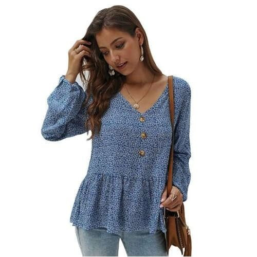 Small Flowers Pattern V-neck Long Sleeves Women Blouse - Blue A392-fast0103