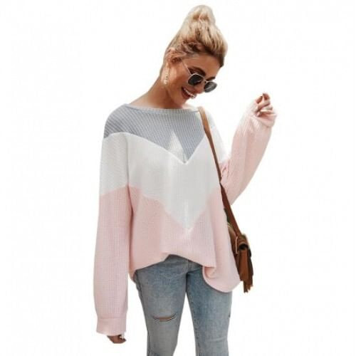 High Fashion Casual Style Long Sleeves Joint Design Women Sweater - Pink A392-fast0124