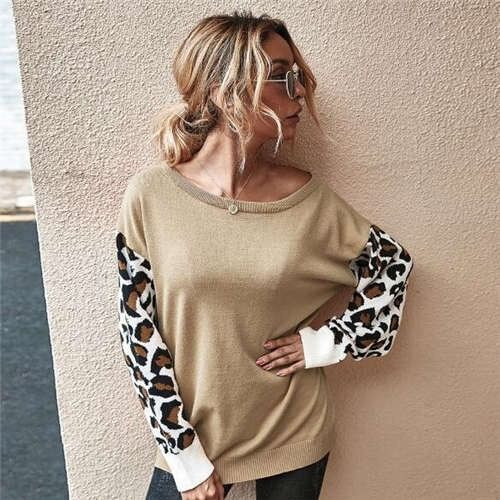 Contast Colors Leopard Prints Long Sleeves Autumn and Winter Fashion Women Top - Apricot A392-fast0164