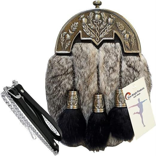 Scottish Kilt Grey Rabbit Fur Full Dress Sporran Unique Enamel Thistle Cantel A657-27