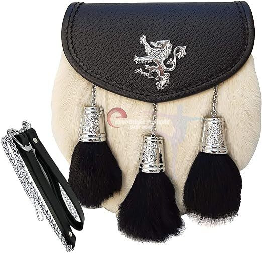 Scottish Kilt Semi Dress White Rabbit Sporran with Rampant Lion & Tassels Caps A657-41