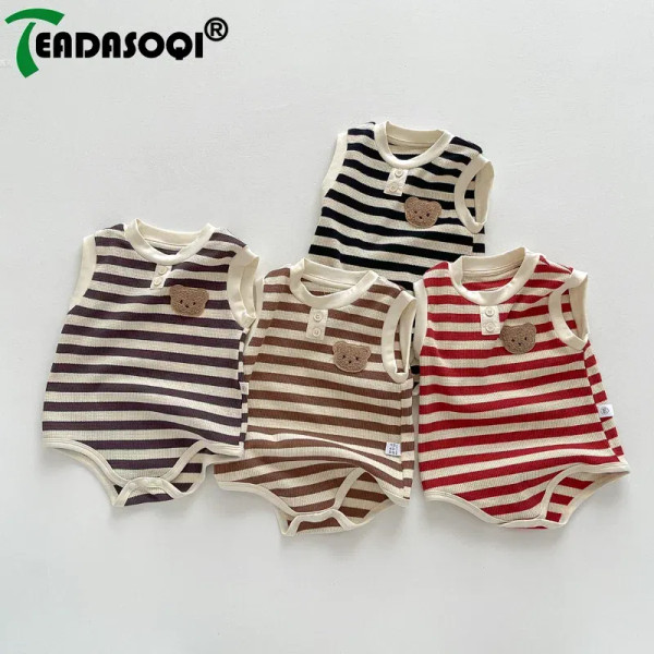 Summer Newborn Sleeveless Knit Bodysuits Striped Jumpsuits Cotton Cartoon Bear Baby Girls Boys Romp F640-3256806197542685