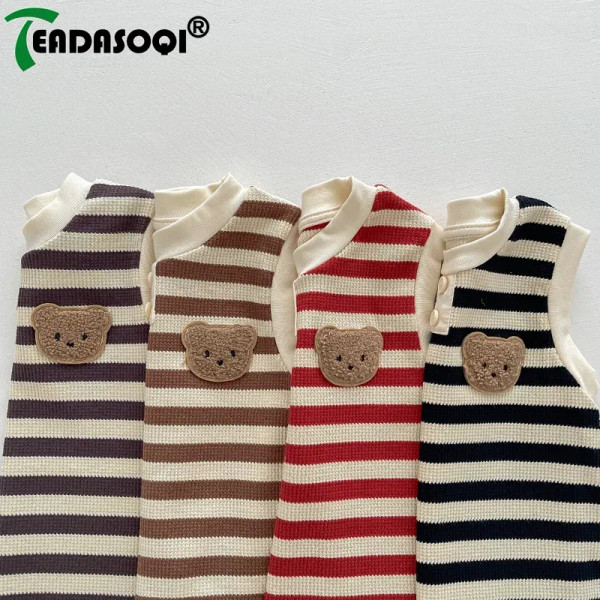 Summer Newborn Sleeveless Knit Bodysuits Striped Jumpsuits Cotton Cartoon Bear Baby Girls Boys Romp F640-3256806197542685