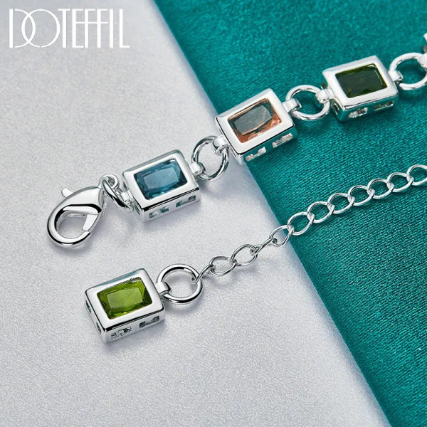 DOTEFFIL 925 Sterling Silver Square inlaid With Multi-color AAA Zircon Bracelet Chain For Woman Eng F640-3256803502796432