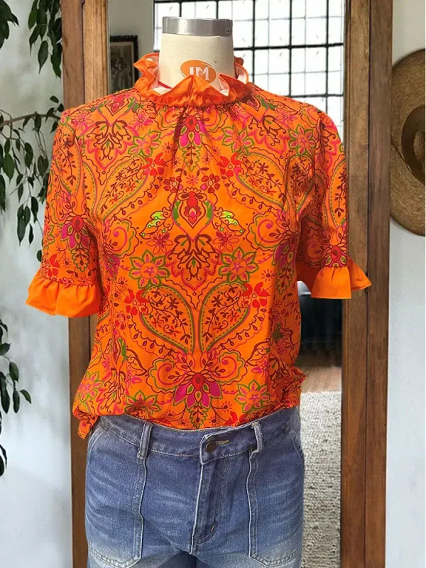 Women's Elegant  Blouse Puff Sleeve Paneled Graphic Print Top F640-3256806951442680