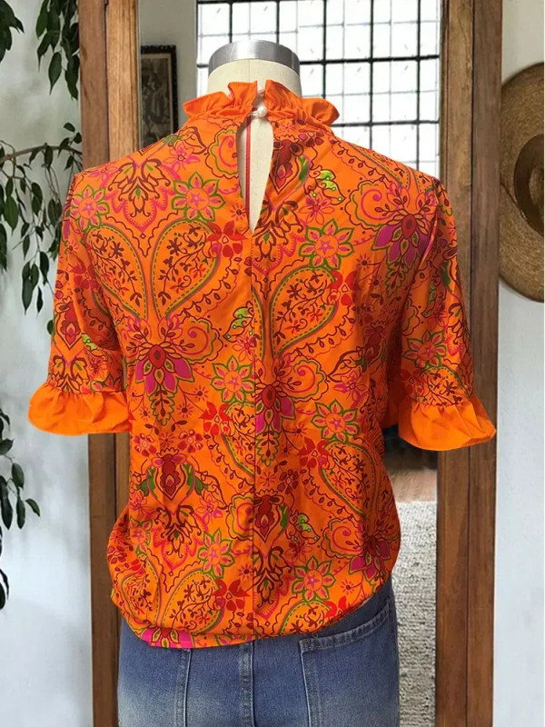 Women's Elegant  Blouse Puff Sleeve Paneled Graphic Print Top F640-3256806951442680