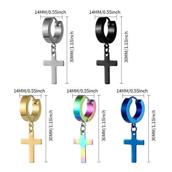 2pcs Punk Stainless Steel Cross Pendant Hoop Earrings For Men Women, Huggie Ear Rings Hip Hop Male  F640-3256806814458216