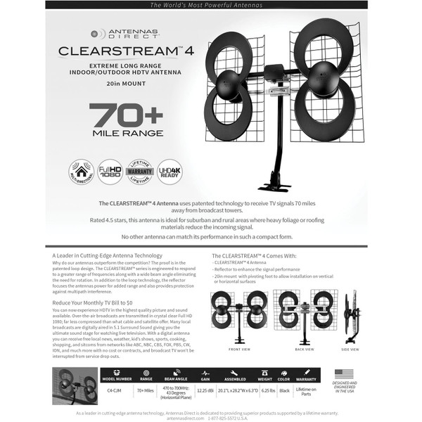 Antennas Direct C4-V-CJM ClearStream 4V Extreme Range Indoor/Outdoor HDTV Antenna R810-ADIC4VCJM