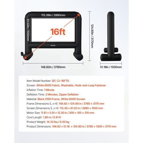 16FT Inflatable Movie Screen, Inflatable Projector Screen with Portable Storage Bag, 16:9 Easy Set  E415-XCQSTYPMZJS1S3W90001V1