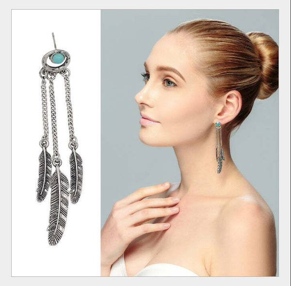 Color: VINTAGE SILVER - Dreamer Turquoise Earrings With Golden And Silver Tone Feathers K290-50820829151505