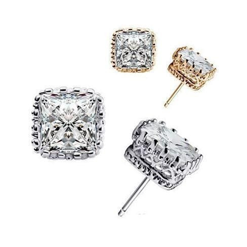 Metal Color: White Gold,Stone Color: Clear White - Royal Crown Stud Earrings In Princess Cut Stones K290-1250150780