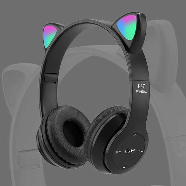 P47m Cute Cat Ears Luminous Head-mounted Headphones Wireless Bluetooth Game Headset Purple K484-FQZCO_C832NTT9