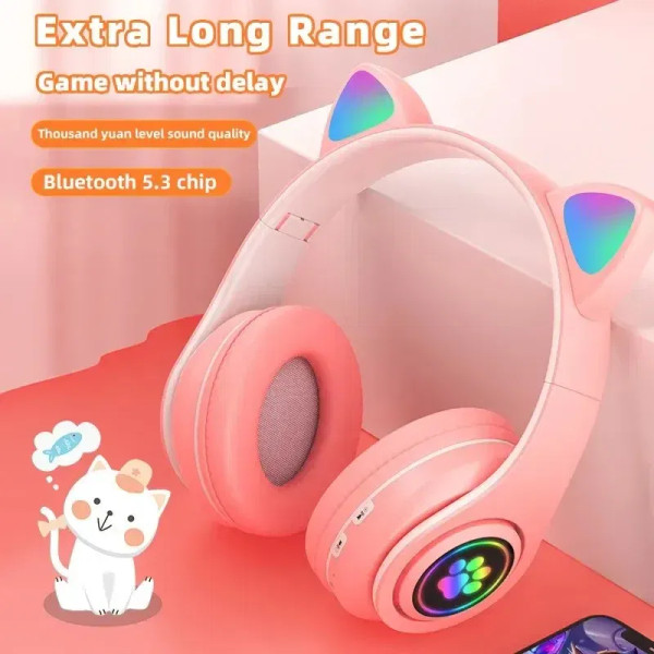 Color: Red - Cute Cat Wireless Headphones RGB Cute Cat Ears Headset With Microphone Noise Cancellin F640-12000041063045608