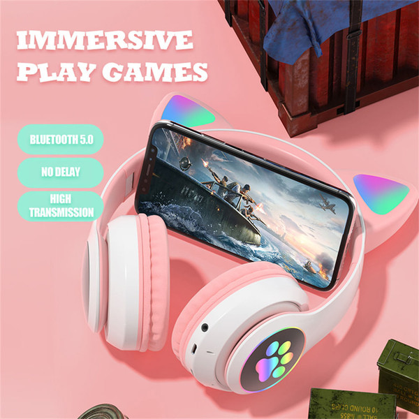 Cute Cat Ears Wireless Headphones with Mic Stereo Music Gaming Led RGB Bluetooth Headset Pink K484-PEL_0MYFV0JU
