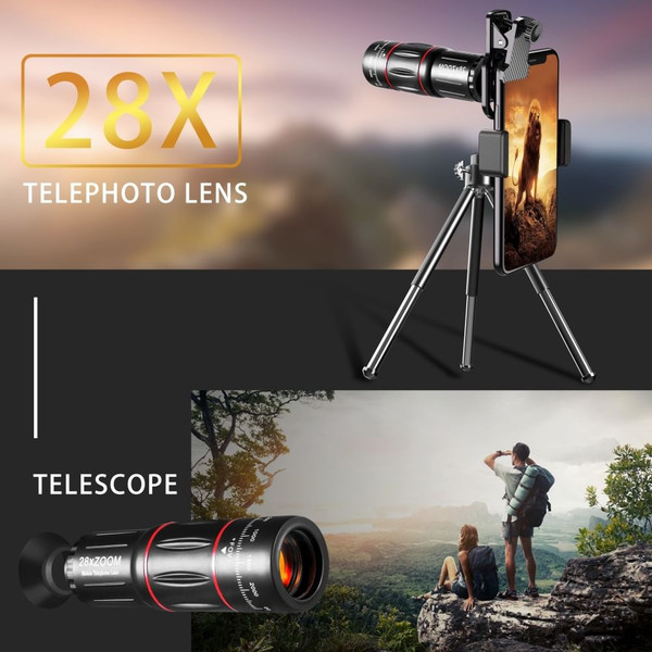 Mobile Phone Lens 28x Telephoto 0.6x Wide-Angle 20x Macro 198-Degree Fisheye 4-in-1 Lens Kit K484-FQZCO_426LUXV7