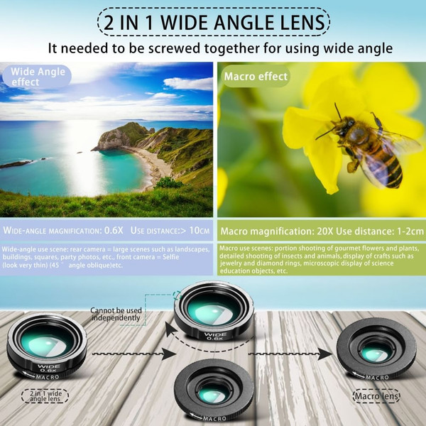 Mobile Phone Lens 28x Telephoto 0.6x Wide-Angle 20x Macro 198-Degree Fisheye 4-in-1 Lens Kit K484-FQZCO_426LUXV7