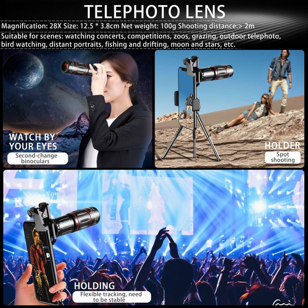 Mobile Phone Lens 28x Telephoto 0.6x Wide-Angle 20x Macro 198-Degree Fisheye 4-in-1 Lens Kit K484-FQZCO_426LUXV7