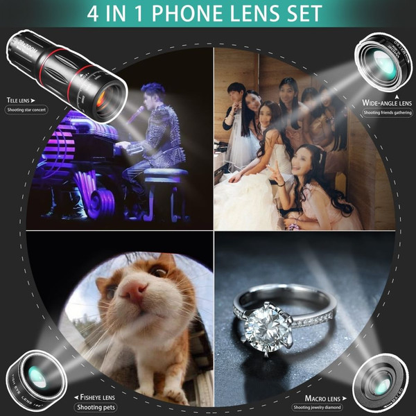 Mobile Phone Lens 28x Telephoto 0.6x Wide-Angle 20x Macro 198-Degree Fisheye 4-in-1 Lens Kit K484-FQZCO_426LUXV7