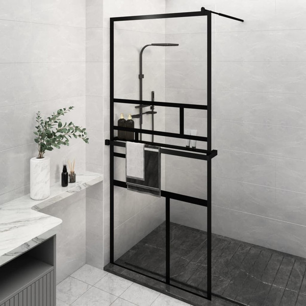 Walk-in Shower Wall with Shelf Black 39.4"x76.8" ESG Glass&Aluminum A949-3185473